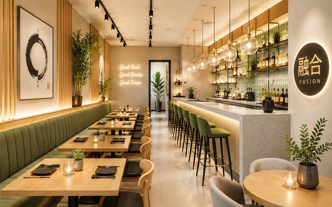 Sage green banquette seating beside a marble bar at golden hour
