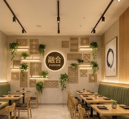 Wood lattice display wall with hanging plants surrounding the circular ensō sign