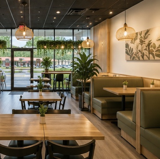 Bright window-side dining room with rattan pendant lights and potted plants