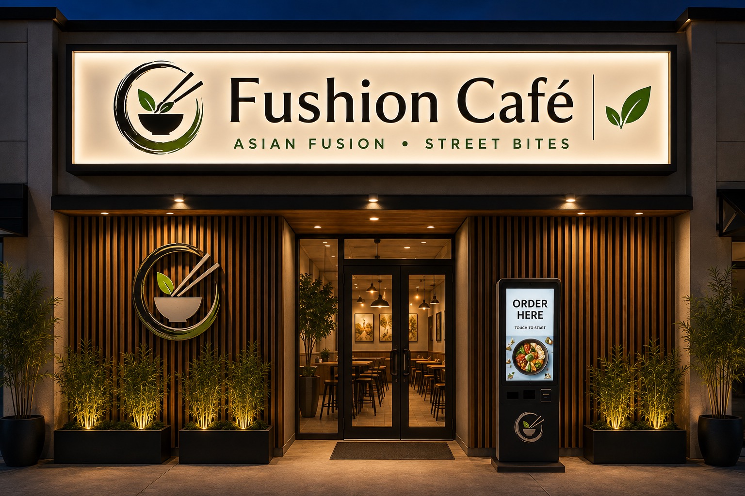Fushion Café storefront at night, illuminated sign and bamboo planters at the entrance